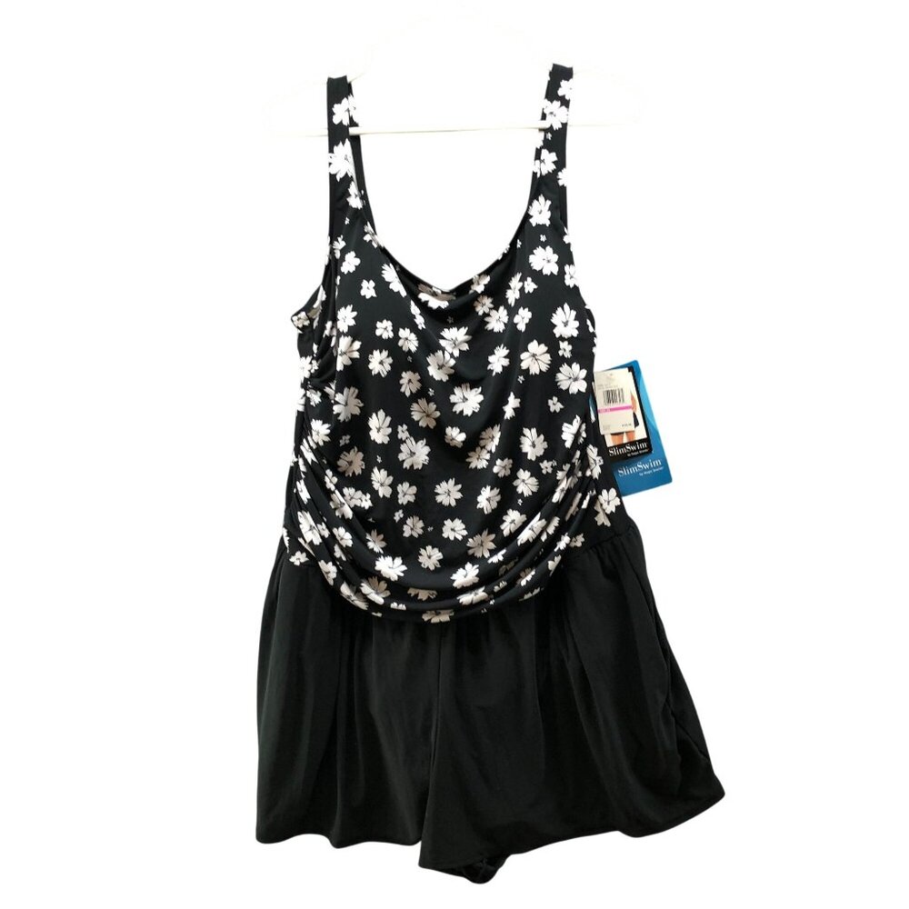 Black & White Floral One-Piece Swimdress with Skirt